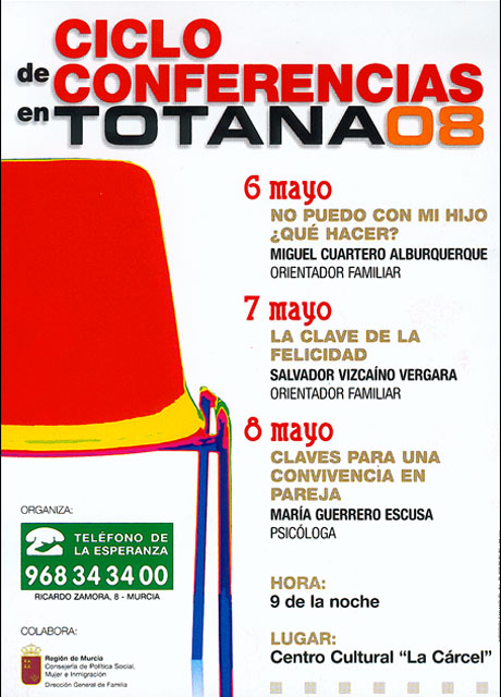 TOTANA ACOGERÁ DEL 6 AL 8 DE MAYO UN CICLO DE CONFERENCIAS ORGANIZADO POR EL TELÉFONO DE LA ESPERANZA, Foto 1