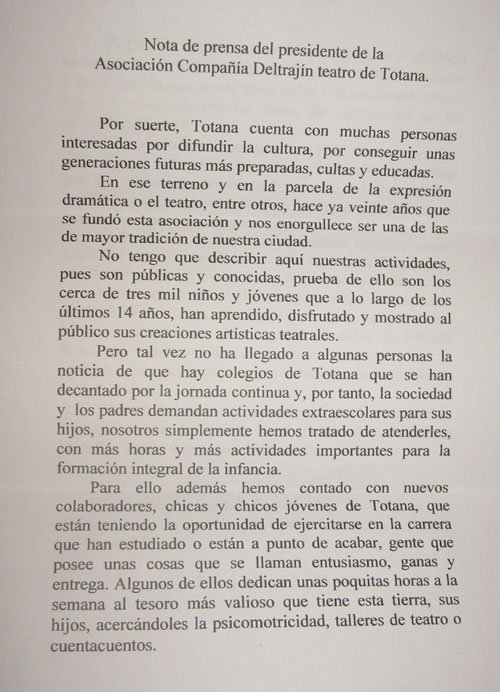 LA ASOCIACIÓN COMPAÑÍA DELTRAJÍN TEATRO HA HECHO PÚBLICA UNA NOTA DE PRENSA  PARA DAR RESPUESTA A LA RECIENTE DENUNCIA DEL PSOE, Foto 1