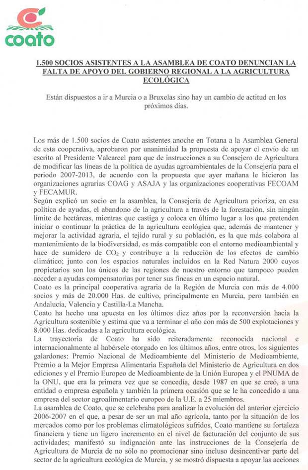 1500 SOCIOS ASISTENTES A LA ASAMBLEA DE COATO DENUNCIAN LA FALTA DE APOYO DEL GOBIERNO REGIONAL A LA AGRICULTURA ECOLÓGICA, Foto 1