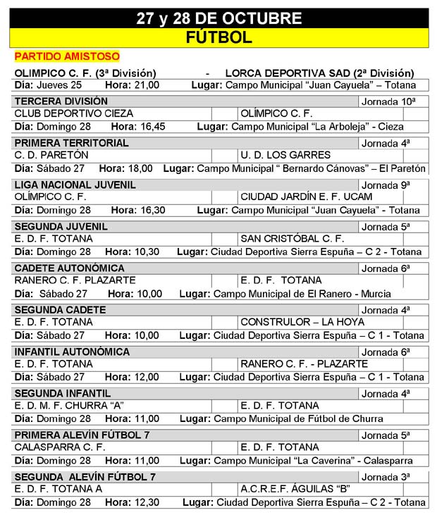 AGENDA DEPORTIVA FIN DE SEMANA 27 Y 28 DE OCTUBRE, Foto 1