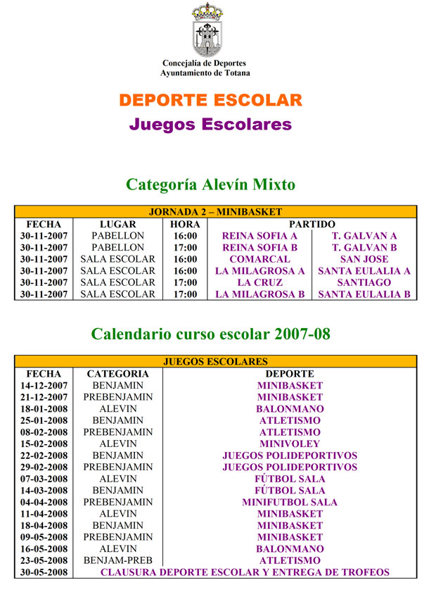 HORARIOS JUEGOS ESCOLARES DE DEPORTE ESCOLAR (2007), Foto 2